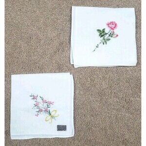 Handkerchiefs Vintage 100% Cotton Embroidered Rose/Bouquet Never Use White
